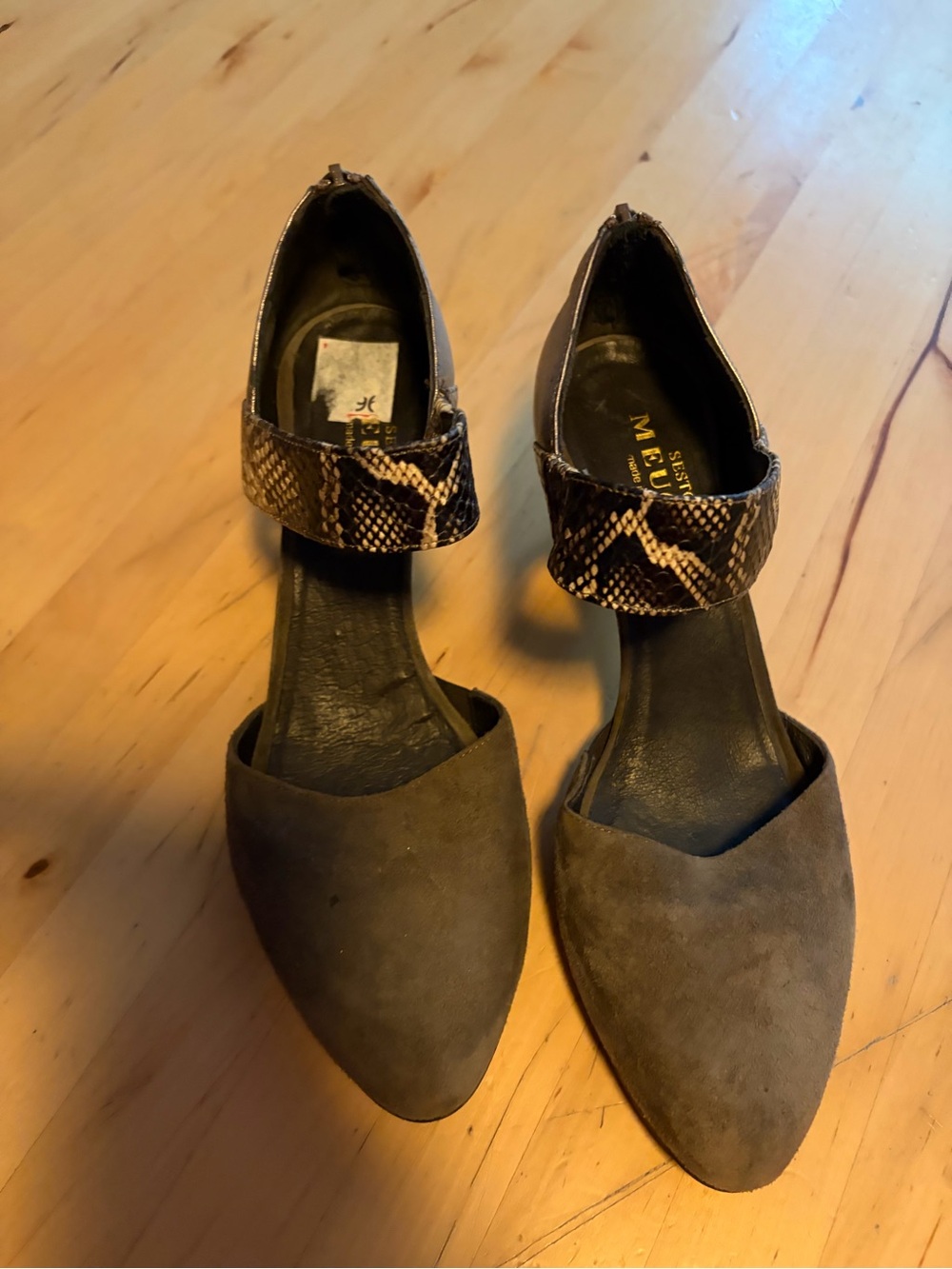 Sesto Meucci Taupe Suede Pointed D'Orsay Flats with Snake-Print Ankle Strap